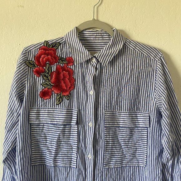 Rails Womens Blouse Size XS Frances Banker Stripe Floral Patch Button Down Shirt - Picture 2 of 11